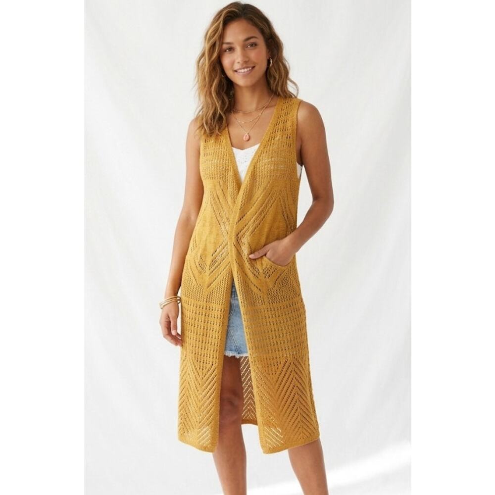 Moral Fiber Sleeveless Open-Front Cardigan Duster Ochre Vacation Summer Large